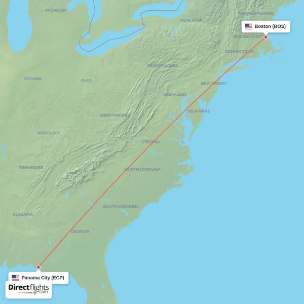 Panama City - Boston direct flight map