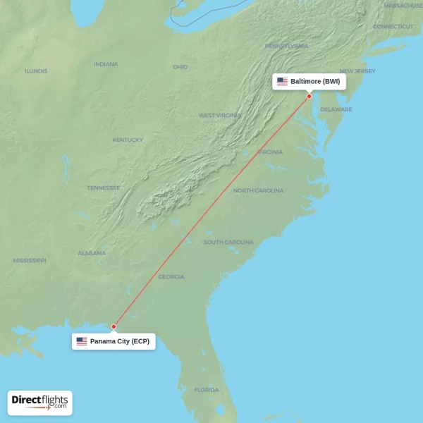 Panama City - Baltimore direct flight map