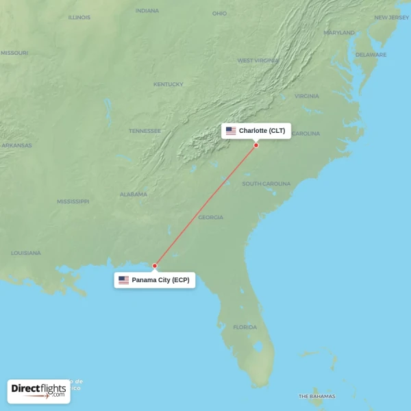 Panama City - Charlotte direct flight map