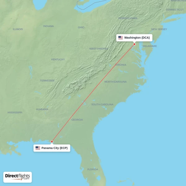Panama City - Washington direct flight map