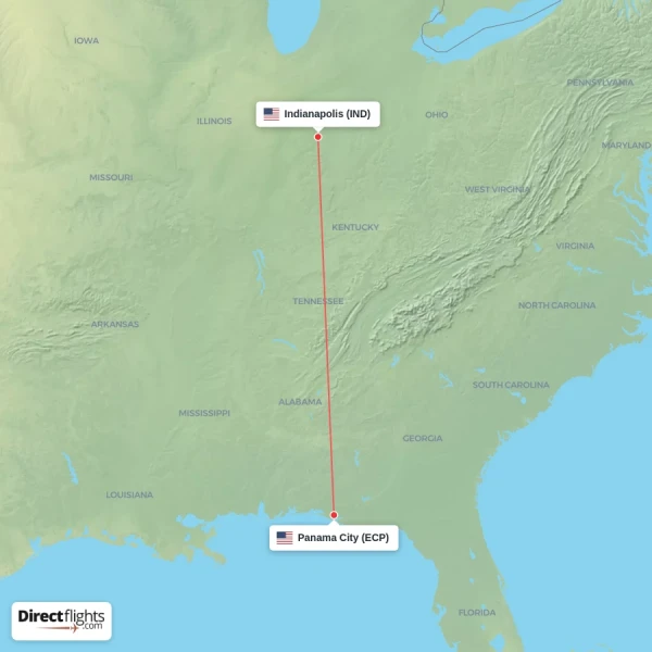 Panama City - Indianapolis direct flight map