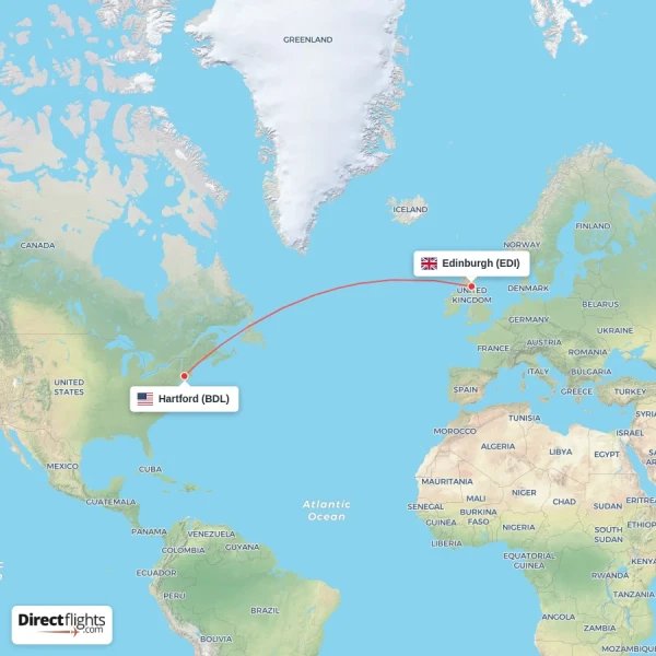 Edinburgh - Hartford direct flight map