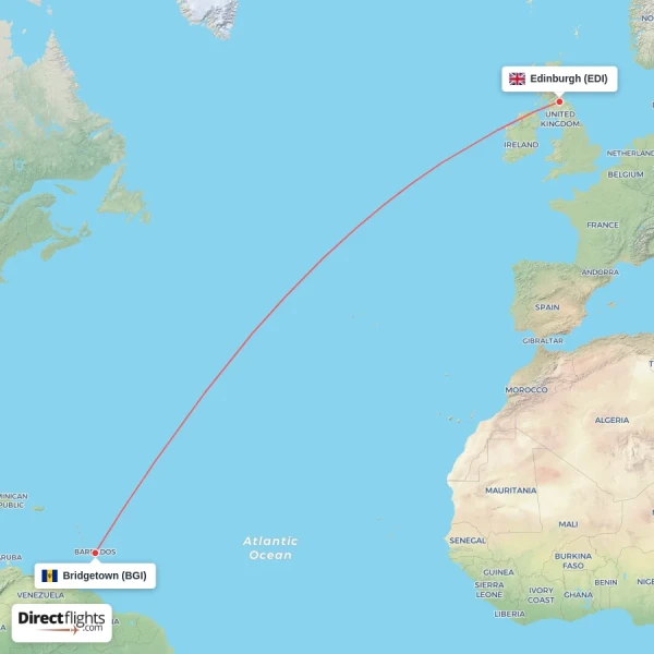 Edinburgh - Bridgetown direct flight map