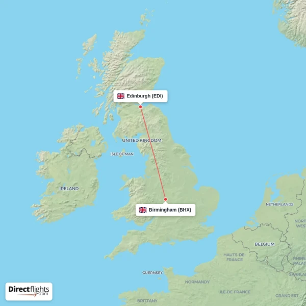 Edinburgh - Birmingham direct flight map