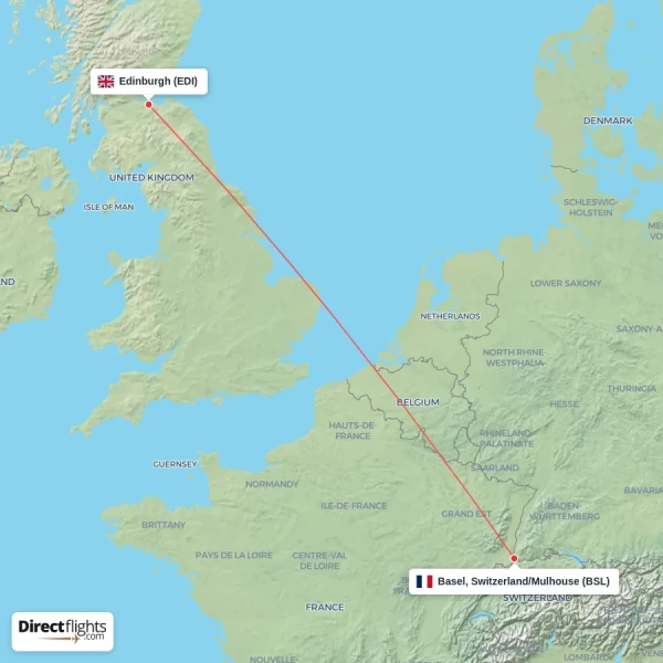 Edinburgh - Basel, Switzerland/Mulhouse direct flight map