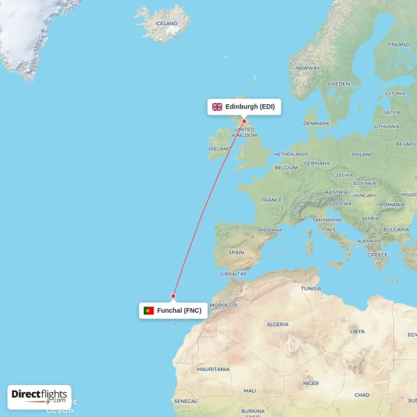 Edinburgh - Funchal direct flight map