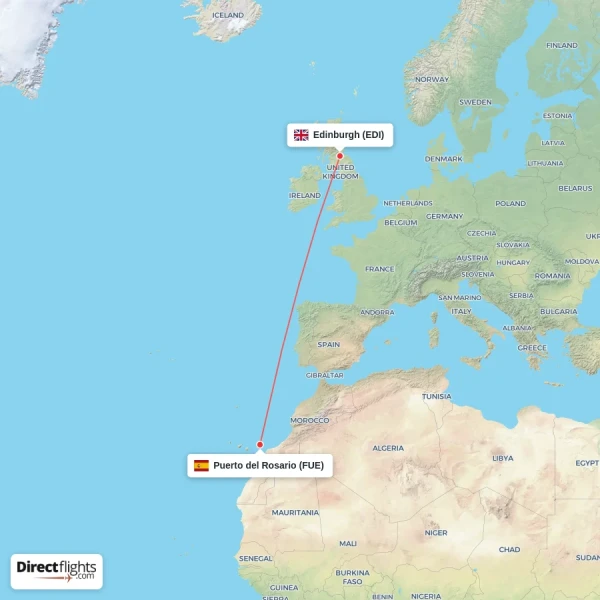 Edinburgh - Puerto del Rosario direct flight map