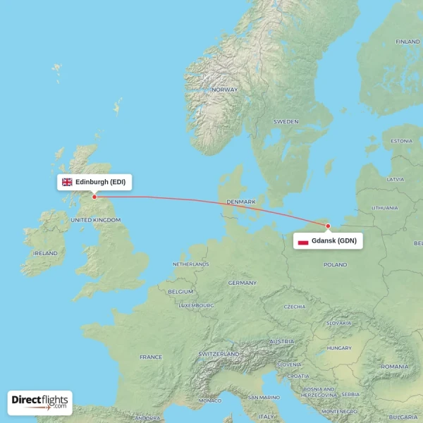 Edinburgh - Gdansk direct flight map