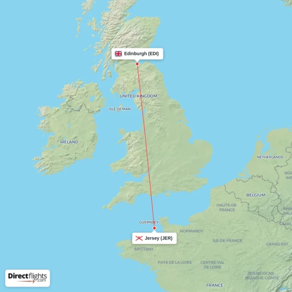 Edinburgh - Jersey direct flight map