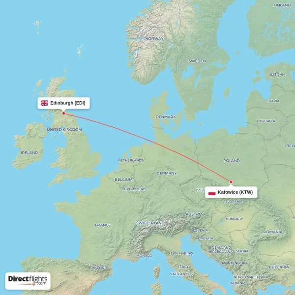 Edinburgh - Katowice direct flight map