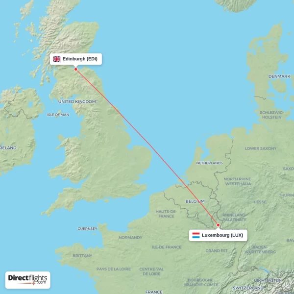 Edinburgh - Luxembourg direct flight map