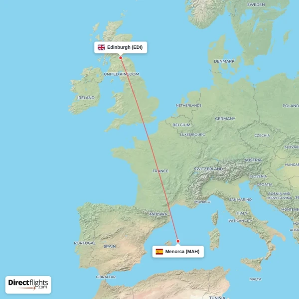 Edinburgh - Menorca direct flight map