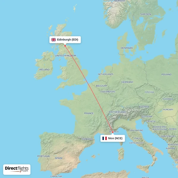Edinburgh - Nice direct flight map