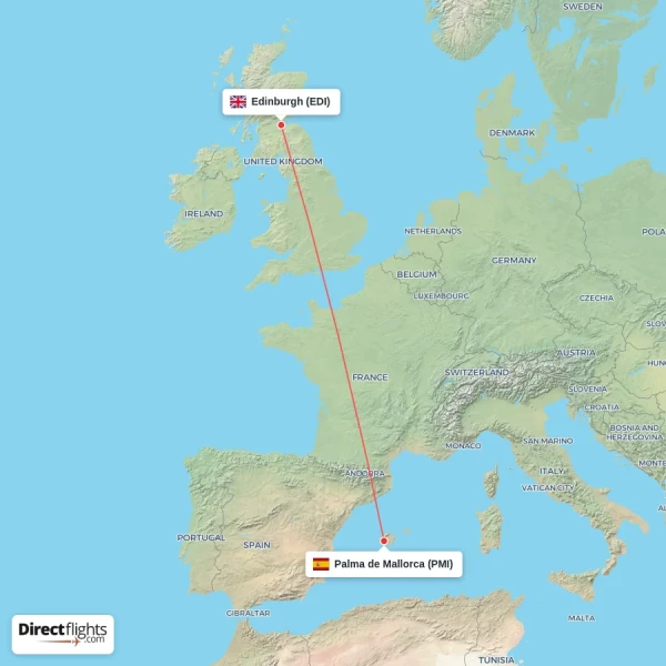 Edinburgh - Palma de Mallorca direct flight map