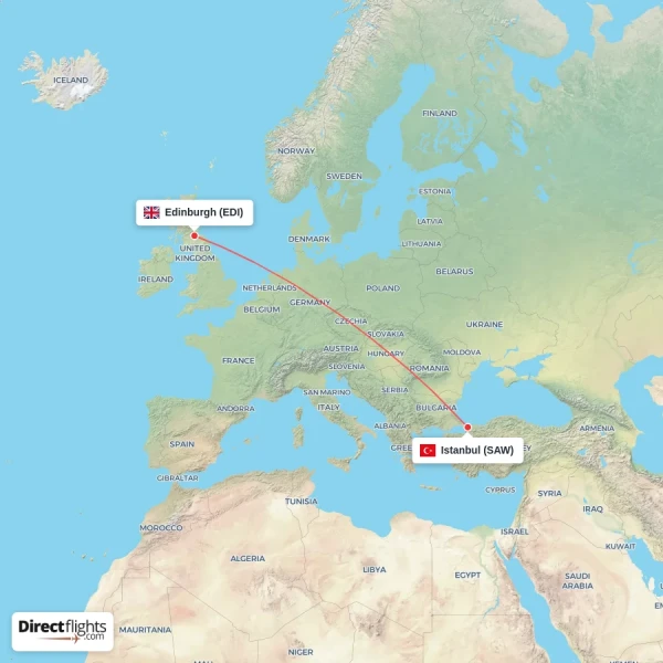 Edinburgh - Istanbul direct flight map