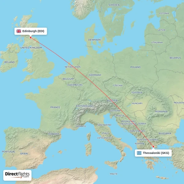 Edinburgh - Thessaloniki direct flight map