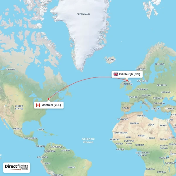 Edinburgh - Montreal direct flight map