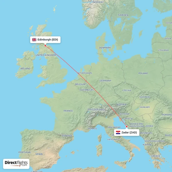 Edinburgh - Zadar direct flight map