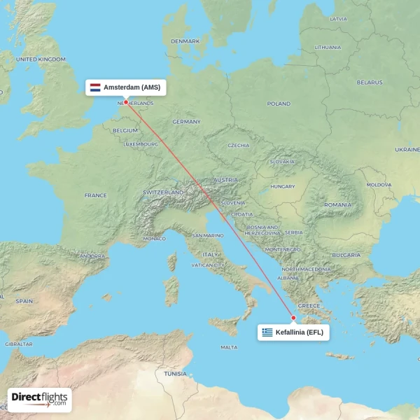 Kefallinia - Amsterdam direct flight map