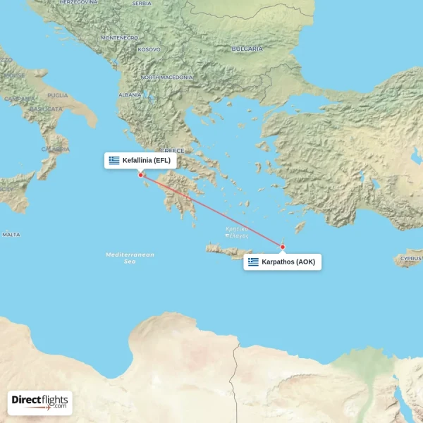 Kefallinia - Karpathos direct flight map