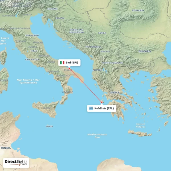 Kefallinia - Bari direct flight map