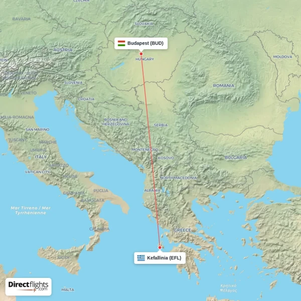 Kefallinia - Budapest direct flight map
