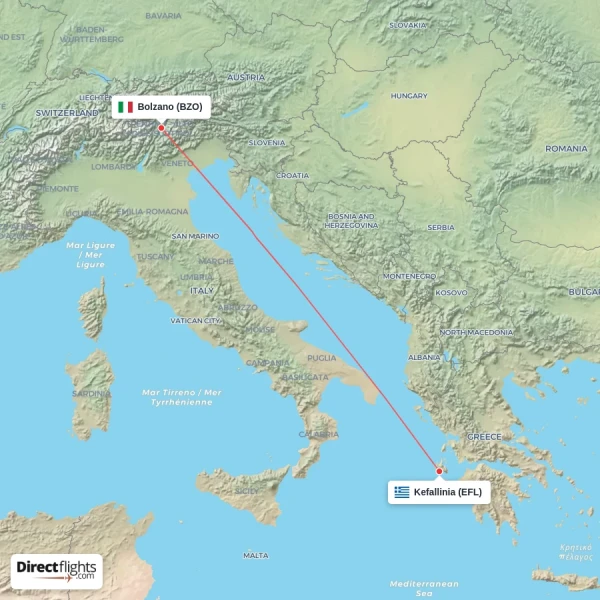 Kefallinia - Bolzano direct flight map