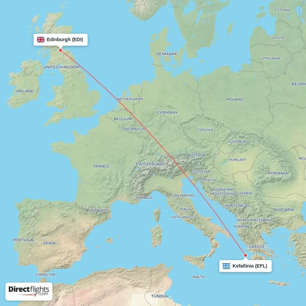 Kefallinia - Edinburgh direct flight map