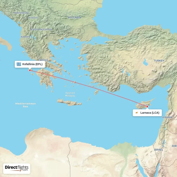 Kefallinia - Larnaca direct flight map