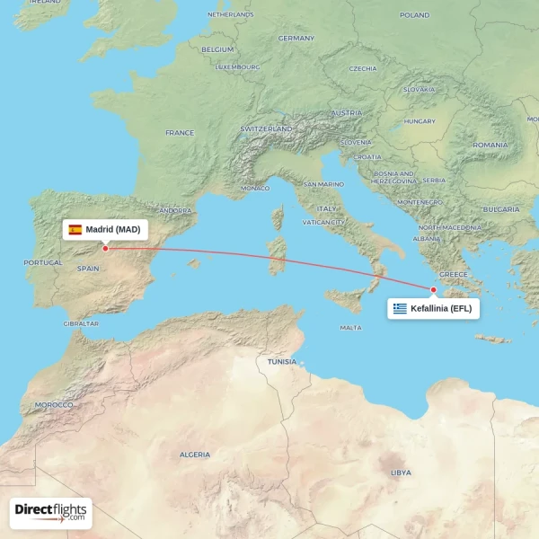Kefallinia - Madrid direct flight map