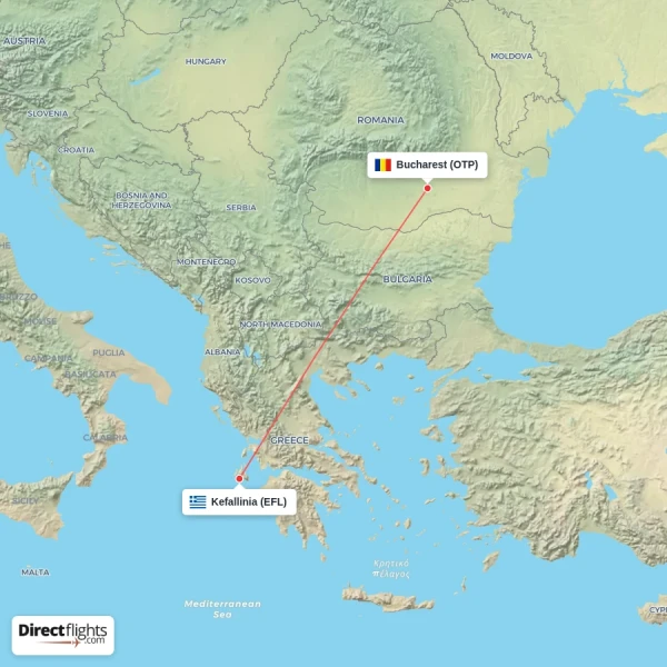 Kefallinia - Bucharest direct flight map