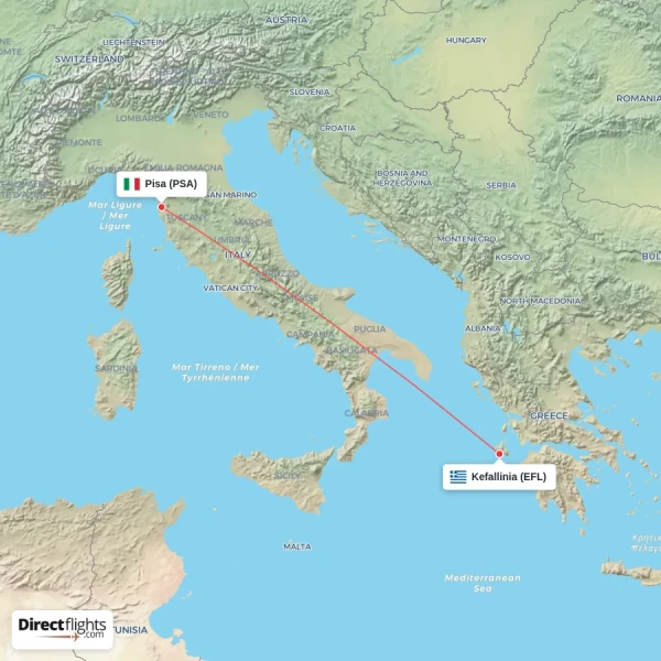 Kefallinia - Pisa direct flight map