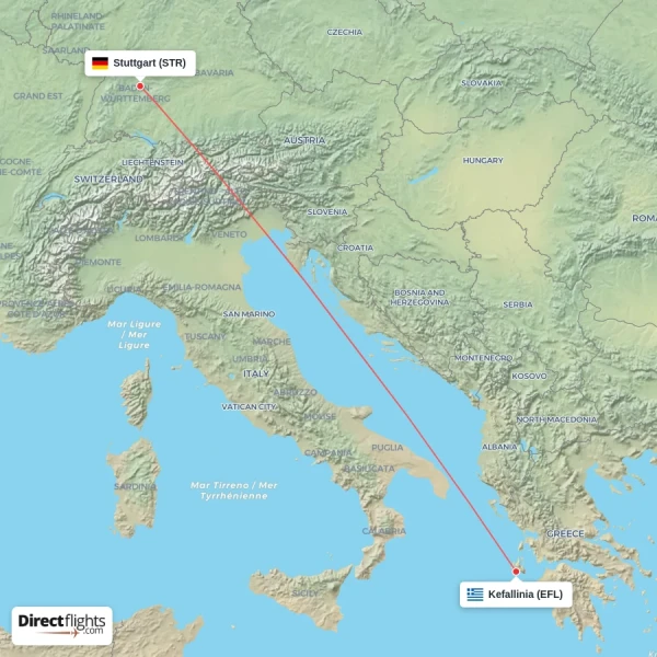 Kefallinia - Stuttgart direct flight map