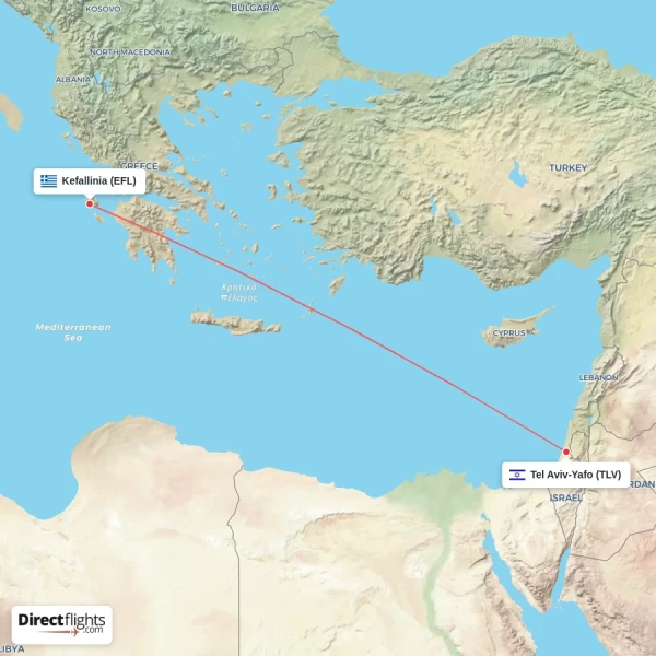 Kefallinia - Tel Aviv-Yafo direct flight map