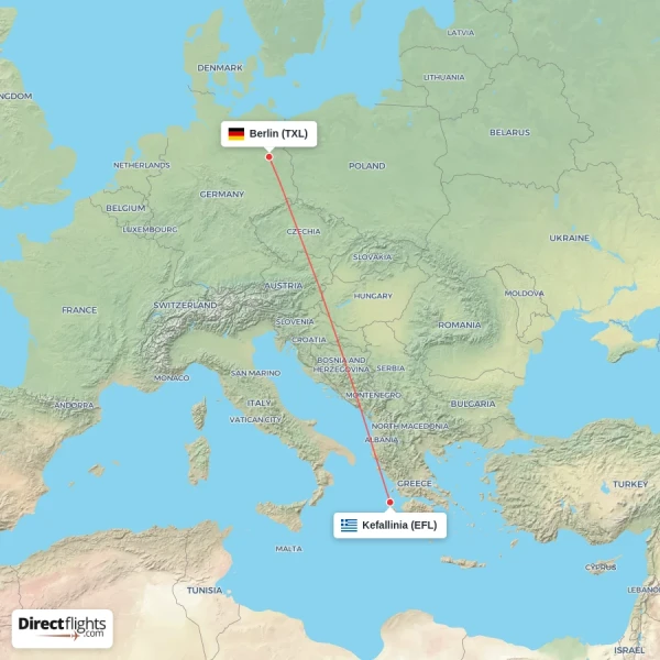 Kefallinia - Berlin direct flight map