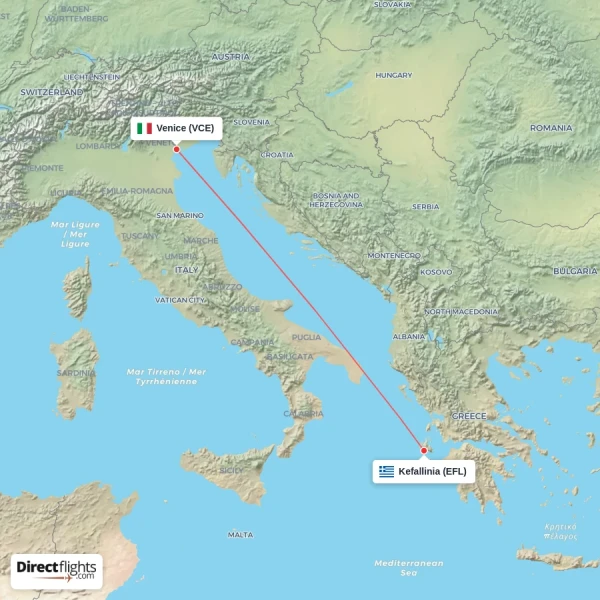 Kefallinia - Venice direct flight map