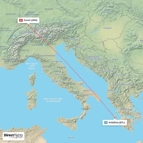 Kefallinia - Zurich direct flight map