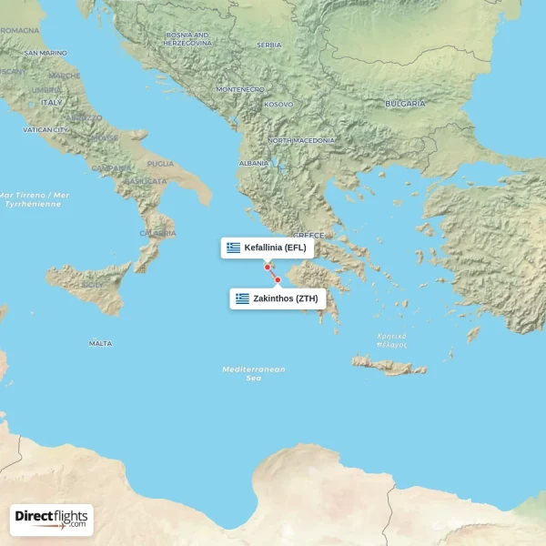 Kefallinia - Zakinthos direct flight map