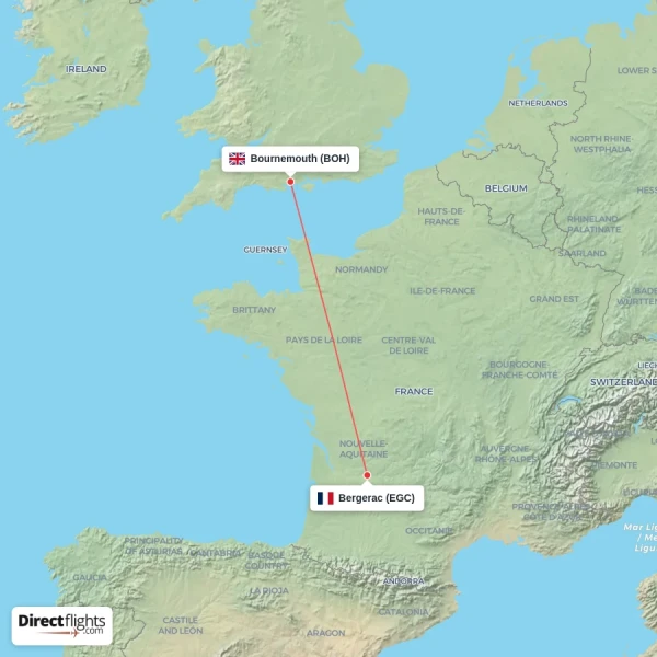 Bergerac - Bournemouth direct flight map