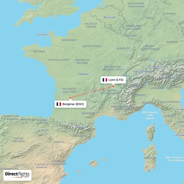Bergerac - Lyon direct flight map