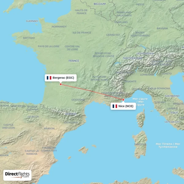 Bergerac - Nice direct flight map