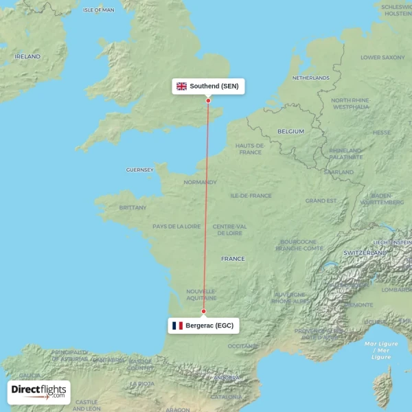 Bergerac - Southend direct flight map
