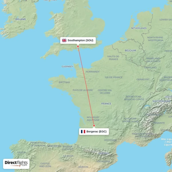 Bergerac - Southampton direct flight map