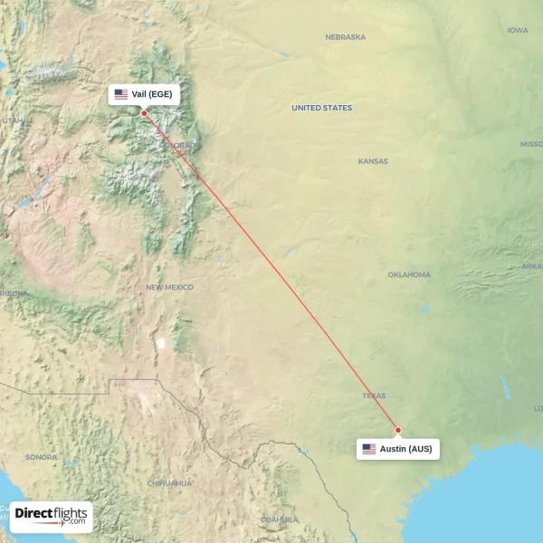 Vail - Austin direct flight map
