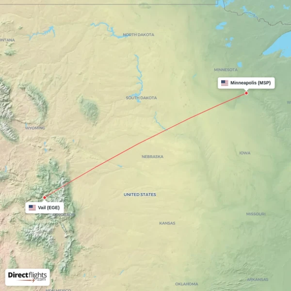 Vail - Minneapolis direct flight map