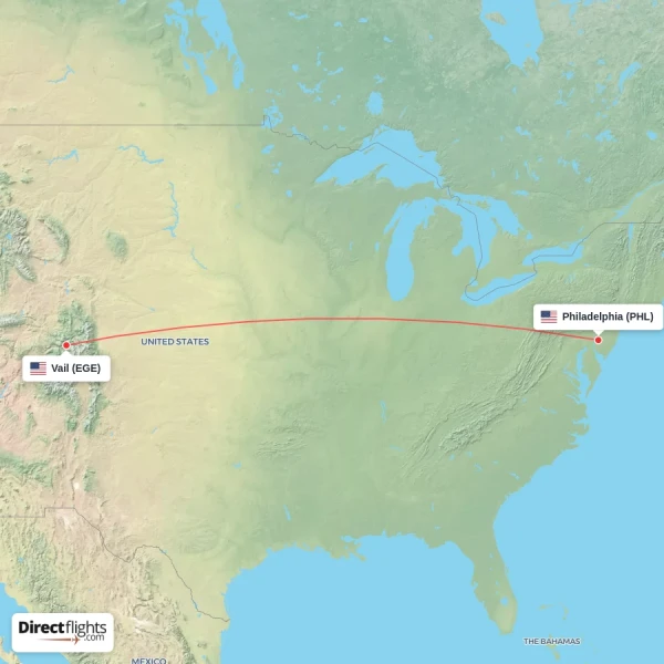 Vail - Philadelphia direct flight map