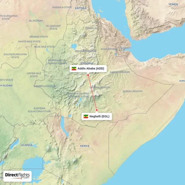 Neghelli - Addis Ababa direct flight map