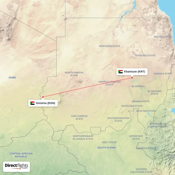 Geneina - Khartoum direct flight map