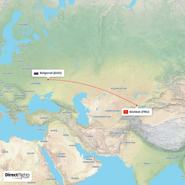 Belgorod - Bishkek direct flight map