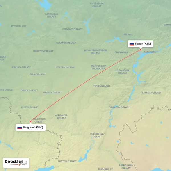 Belgorod - Kazan direct flight map